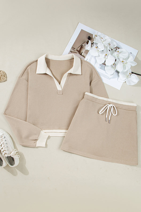 Edge Detail Colorblock Patchwork Cropped Pullover Drawstring Skirt Set
