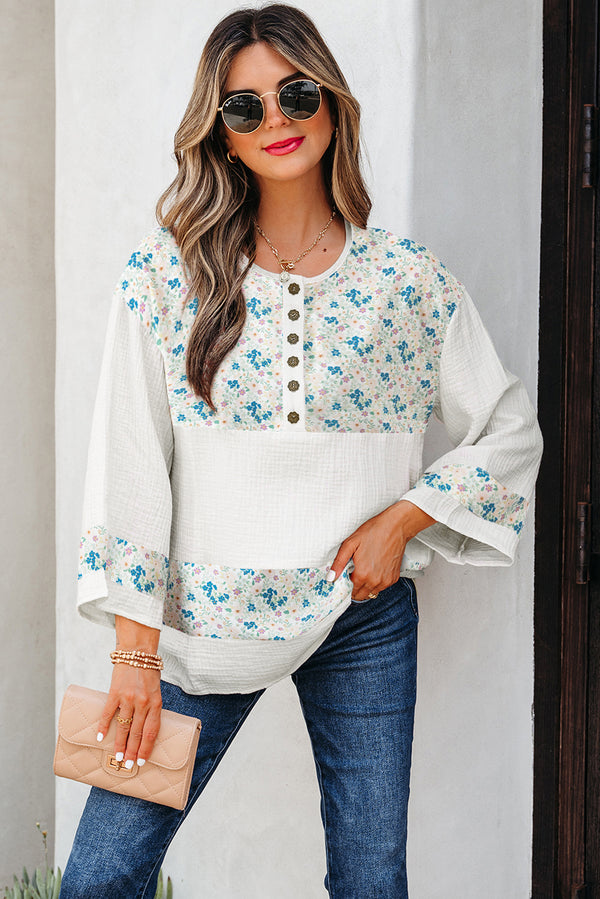 Floral Print Gauze Patchwork Henley Button 3/4 Sleeve Blouse