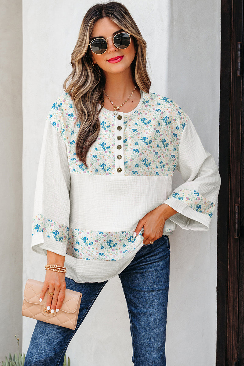 Floral Print Gauze Patchwork Henley Button 3/4 Sleeve Blouse