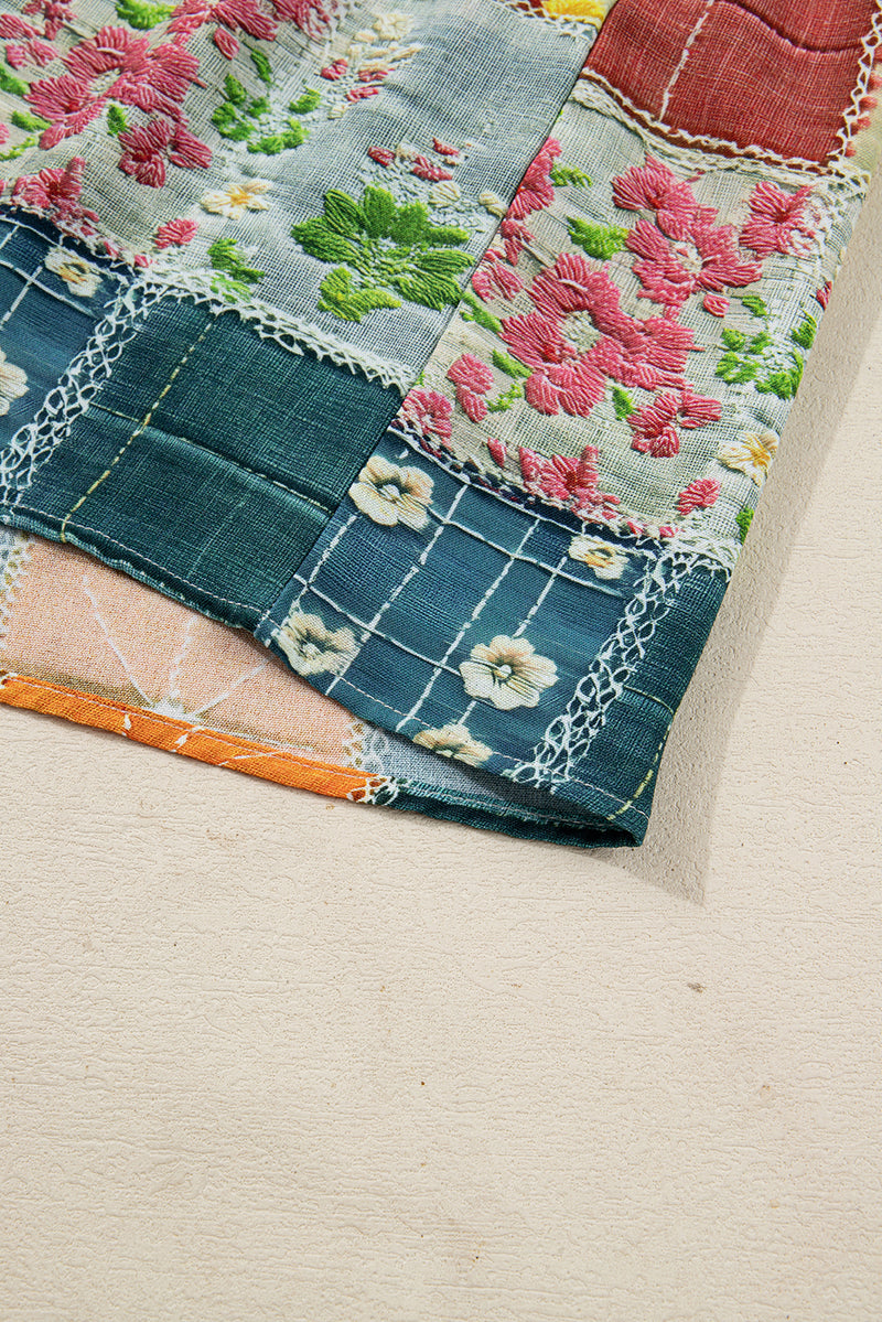 Multicolour Mix Floral Checkered Pattern Bubble Sleeve Ruffle Hem Dress