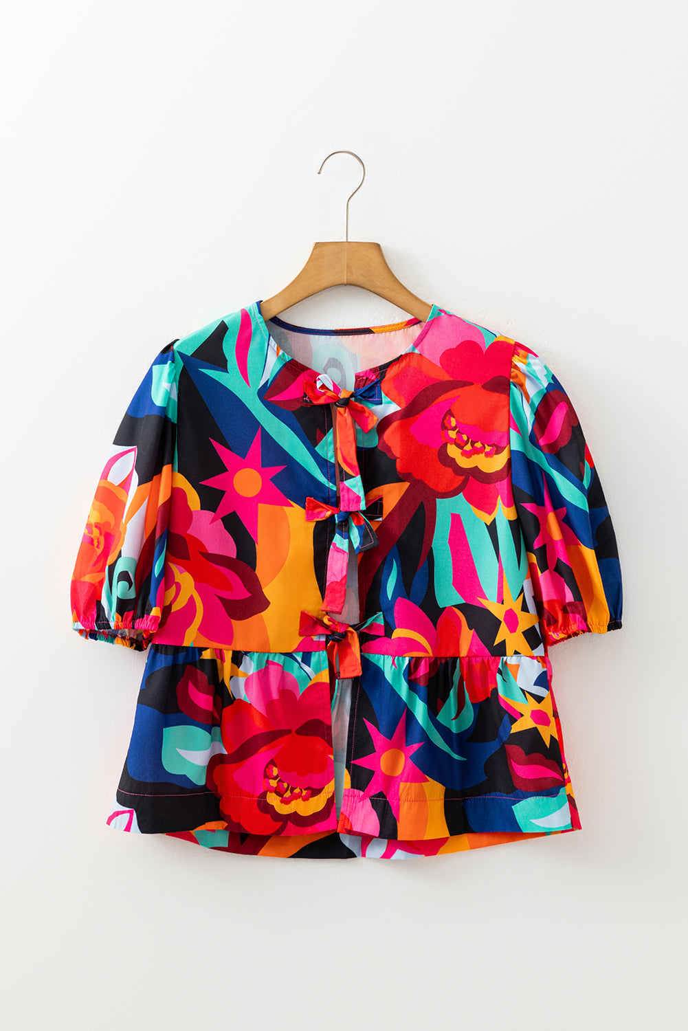 Abstract Floral Print Front Tied Puff Sleeve Babydoll Blouse