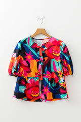 Abstract Floral Print Front Tied Puff Sleeve Babydoll Blouse