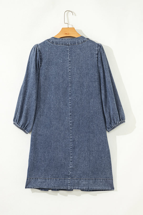 3/4 Sleeve Tied V Neck Pleated Denim Mini Dress