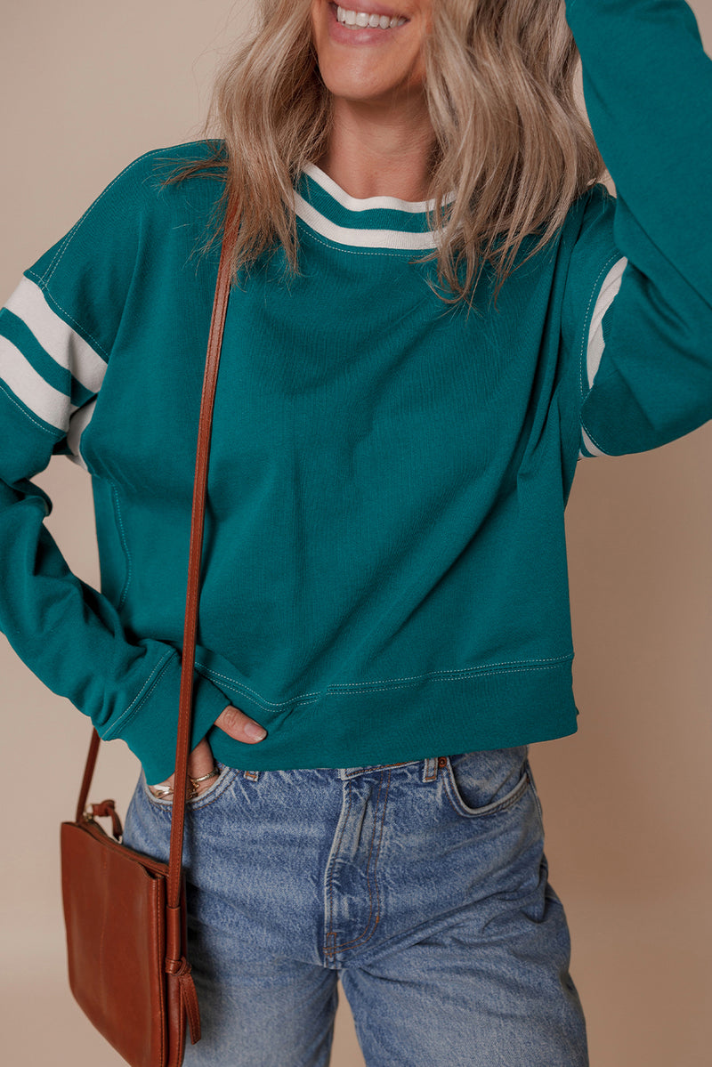 Contrast Striped Patchwork Round Neck Drop Shoulder Sweatshirt