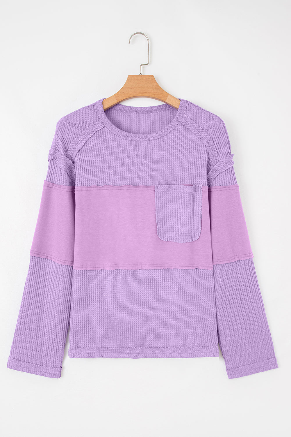 Thermal Knit Contrast Textured Patchwork Long Sleeve Top
