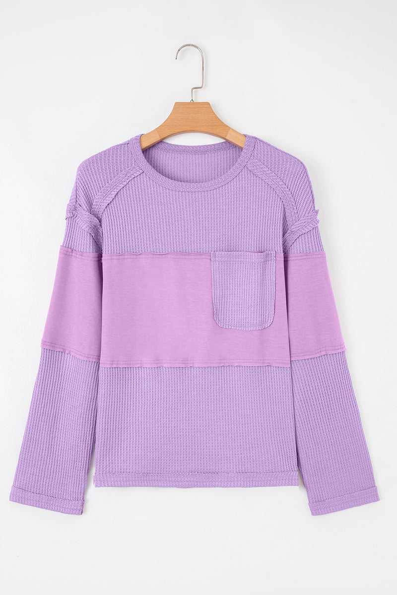 Thermal Knit Contrast Textured Patchwork Long Sleeve Top