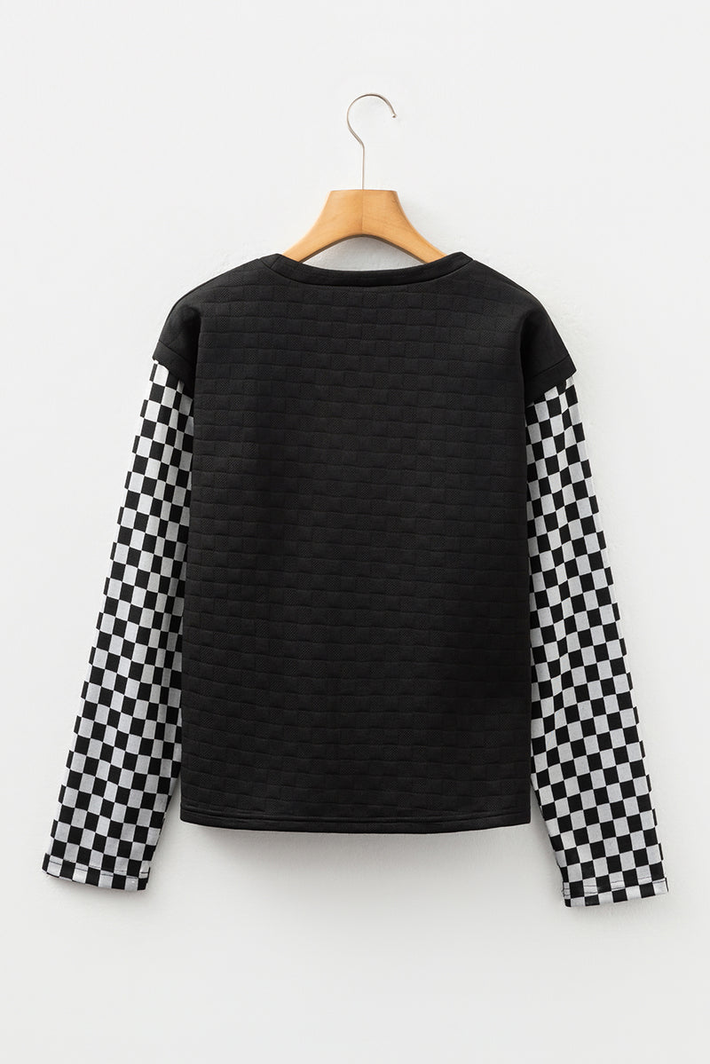 Plaid Textured Contrast Checkered Patchwork Long Sleeve Top