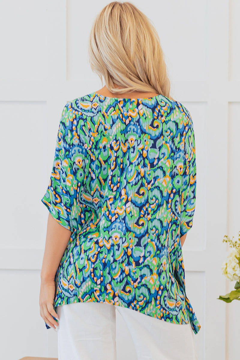 Solid Abstract Print V Neck Half Sleeve Loose Fit Tunic Blouse