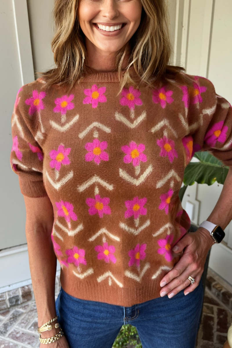 Floral Short Puff Sleeve Sweater