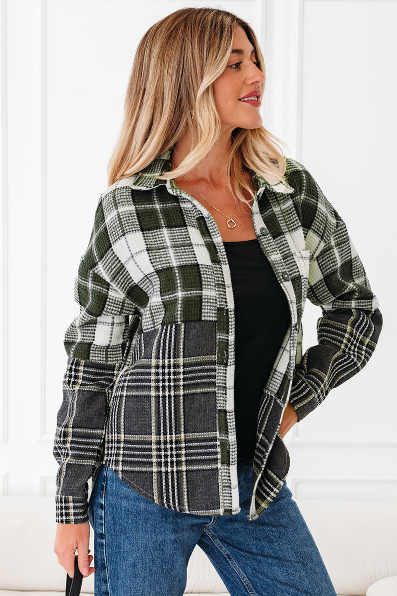 Plaid Print Textured Knit Buttoned Shacket