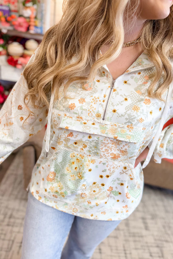 Floral Print Half Zip Hooded Long Sleeve Top