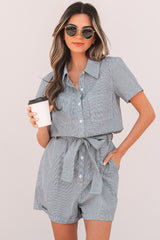 Stripe Chest Pockets Buttoned Belted High Waist Romper