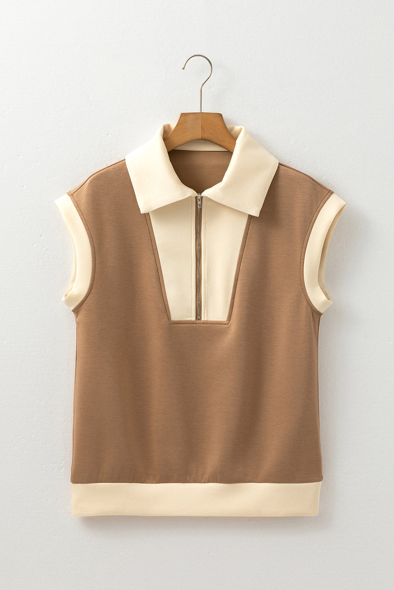 Simply Half Zipper Collared Colorblock Short Sleeve Top