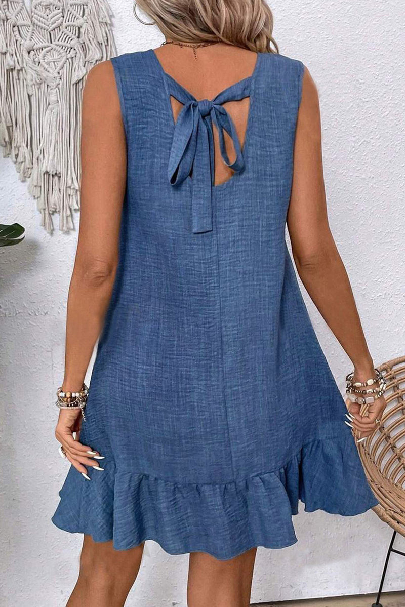 Solid Knot Scoop Back Ruffle Hem Sleeveless Mini Dress