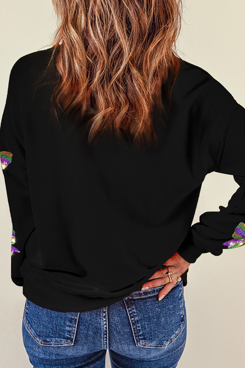 Sequin Mardi Gras Bow Graphic Drop Shoulder Pullover Sweatshirt