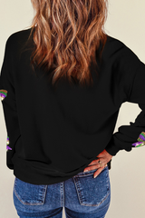 Sequin Mardi Gras Bow Graphic Drop Shoulder Pullover Sweatshirt