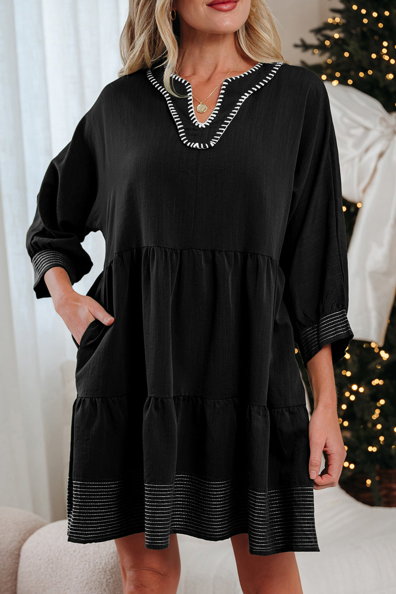 Contrast Stitched V Neck 3/4 Sleeve Tiered Mini Dress