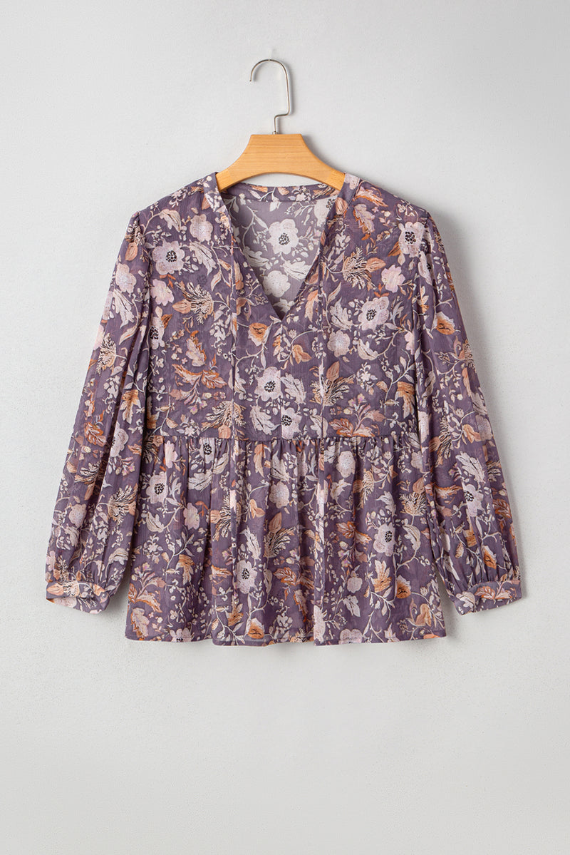 Boho Flower Print 3/4 Sleeve Babydoll Blouse