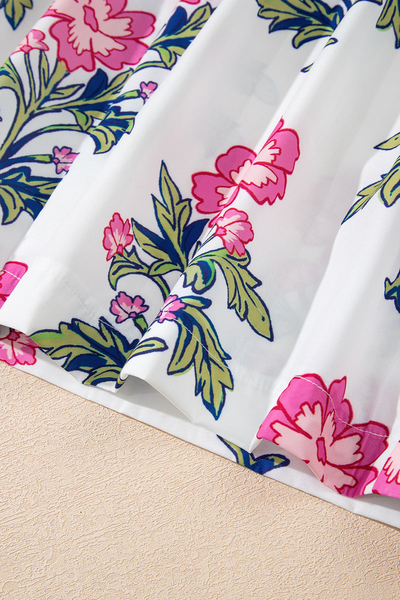 Floral Colorblock Stripe Knot Bubble Sleeve V Neck Blouse