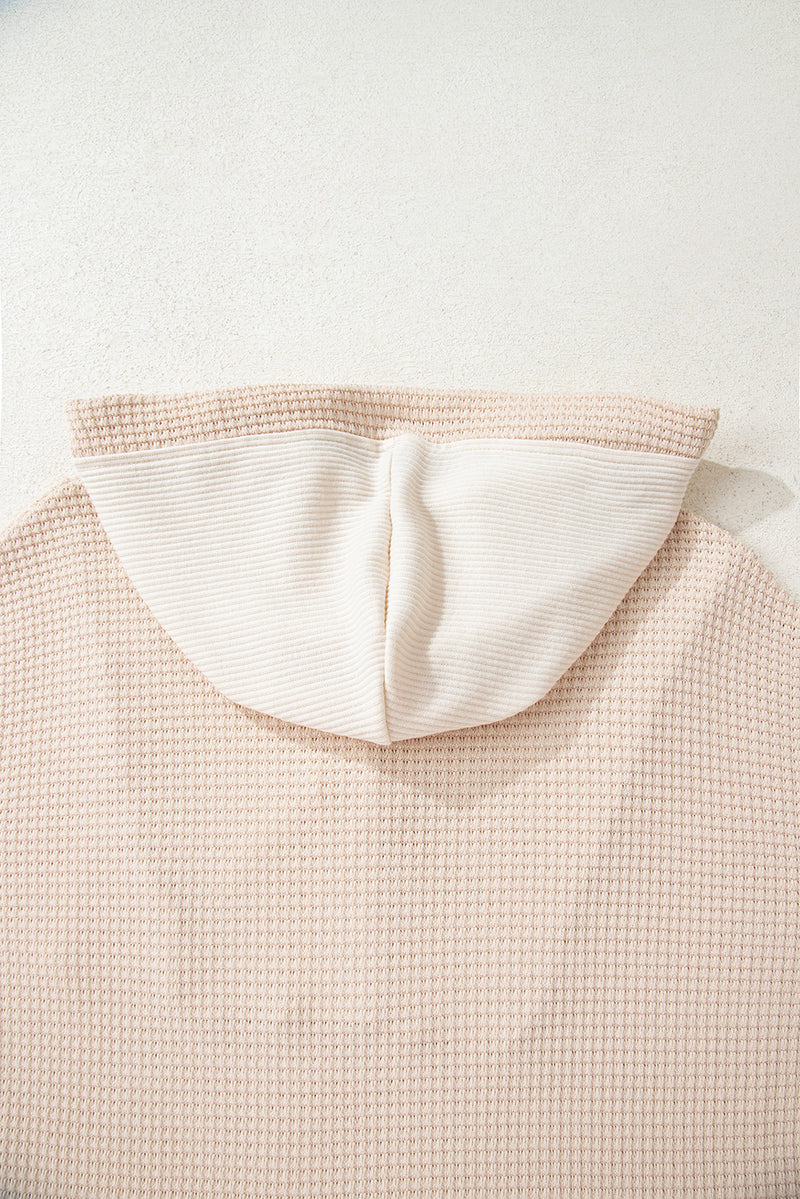 Waffle Patchwork Drop Shoulder Hooded Long Sleeve Top