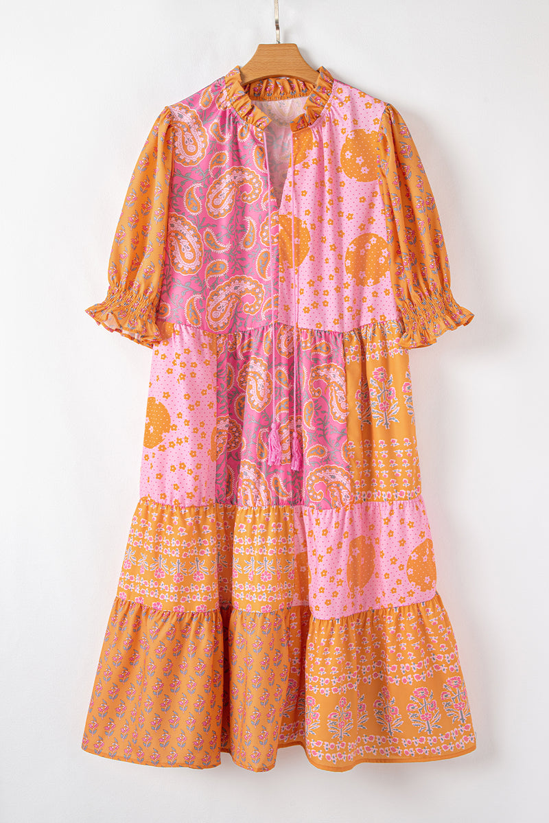 Boho Paisley Floral Mixed Patchwork Tassel Tie Plus Size Midi Dress