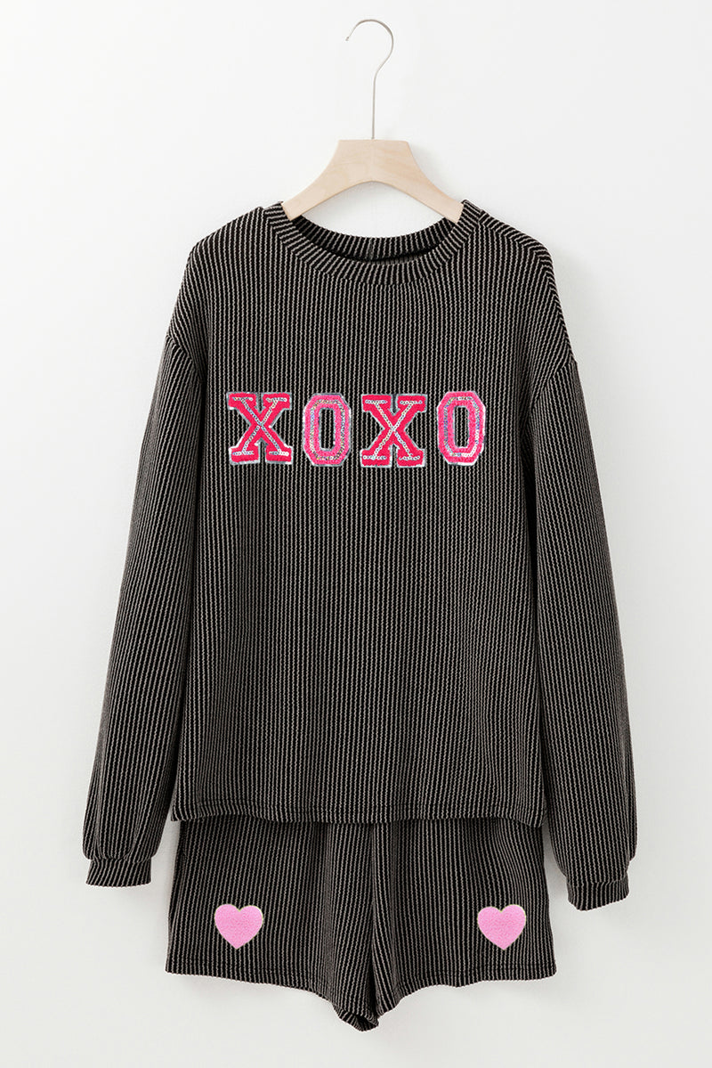 XOXO Heart Patched Pattern Long Sleeve Corded Shorts Set