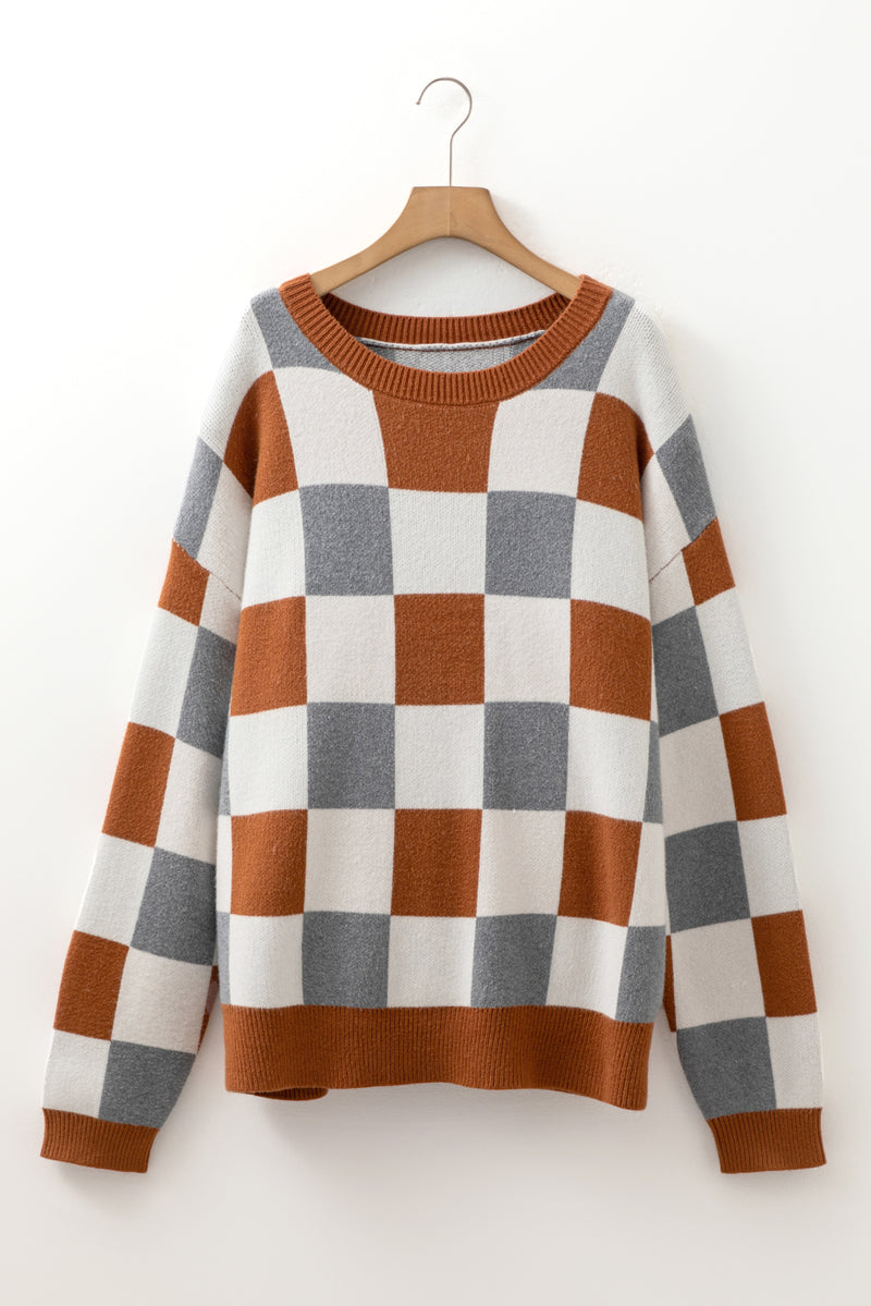 Plus Size Checkered Crewneck Sweater