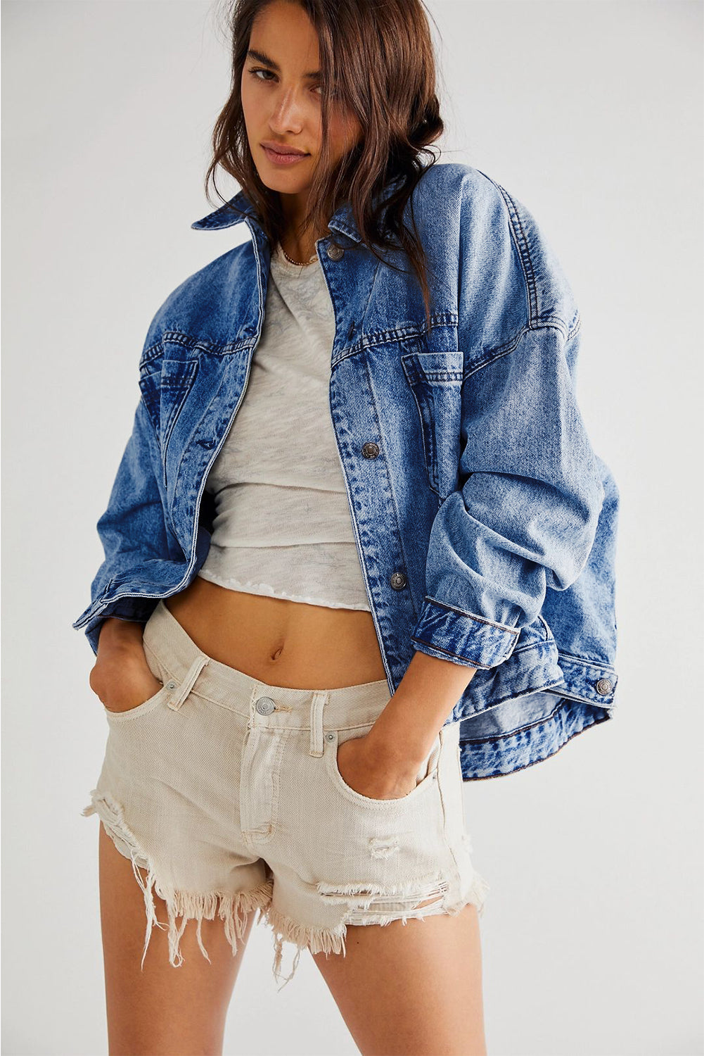 Stripe Washed Oversize Pocketed Denim Jacket