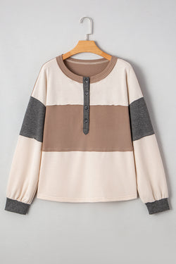 Beige Color Block Waffled Patchwork Loose Henley Top