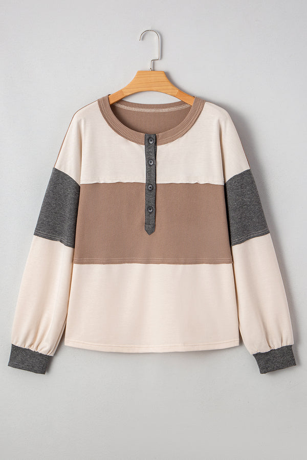 Beige Color Block Waffled Patchwork Loose Henley Top