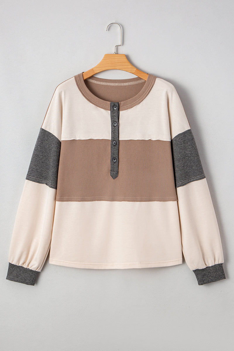 Beige Color Block Waffled Patchwork Loose Henley Top