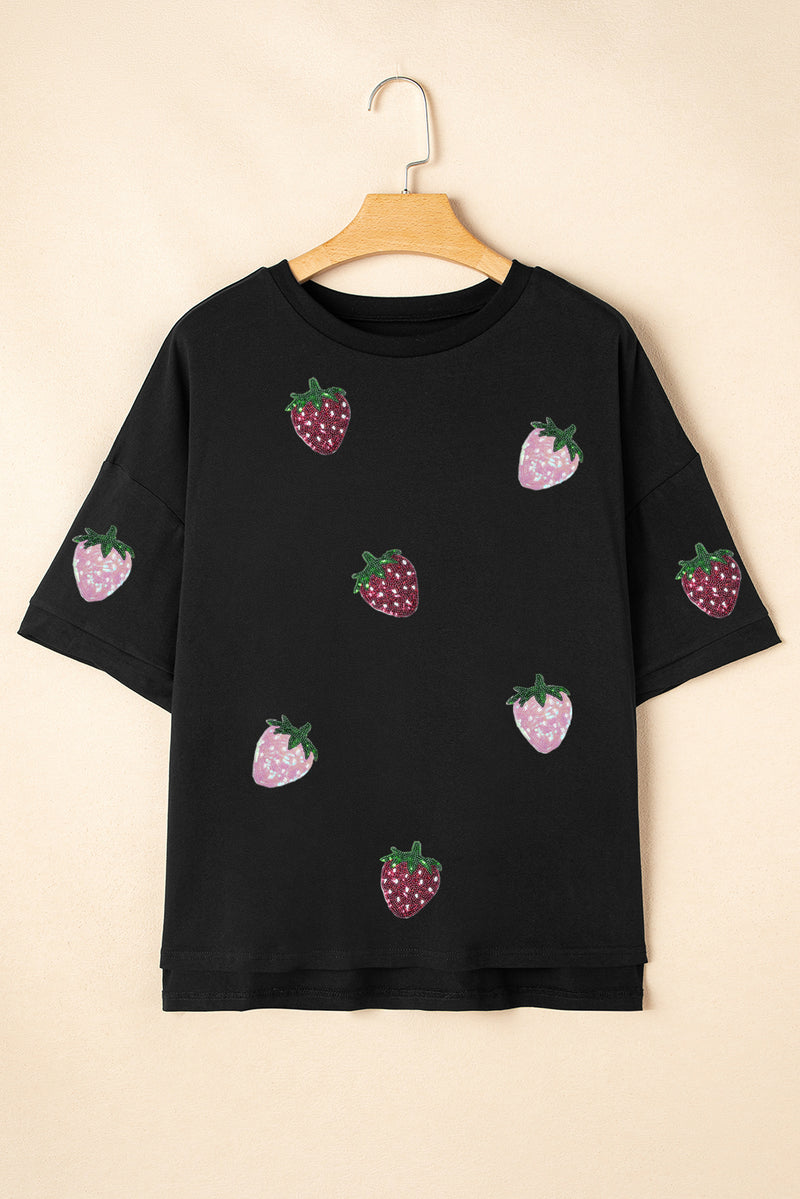 Sequin Strawberry Graphic High Low Relaxed Fit Tee
