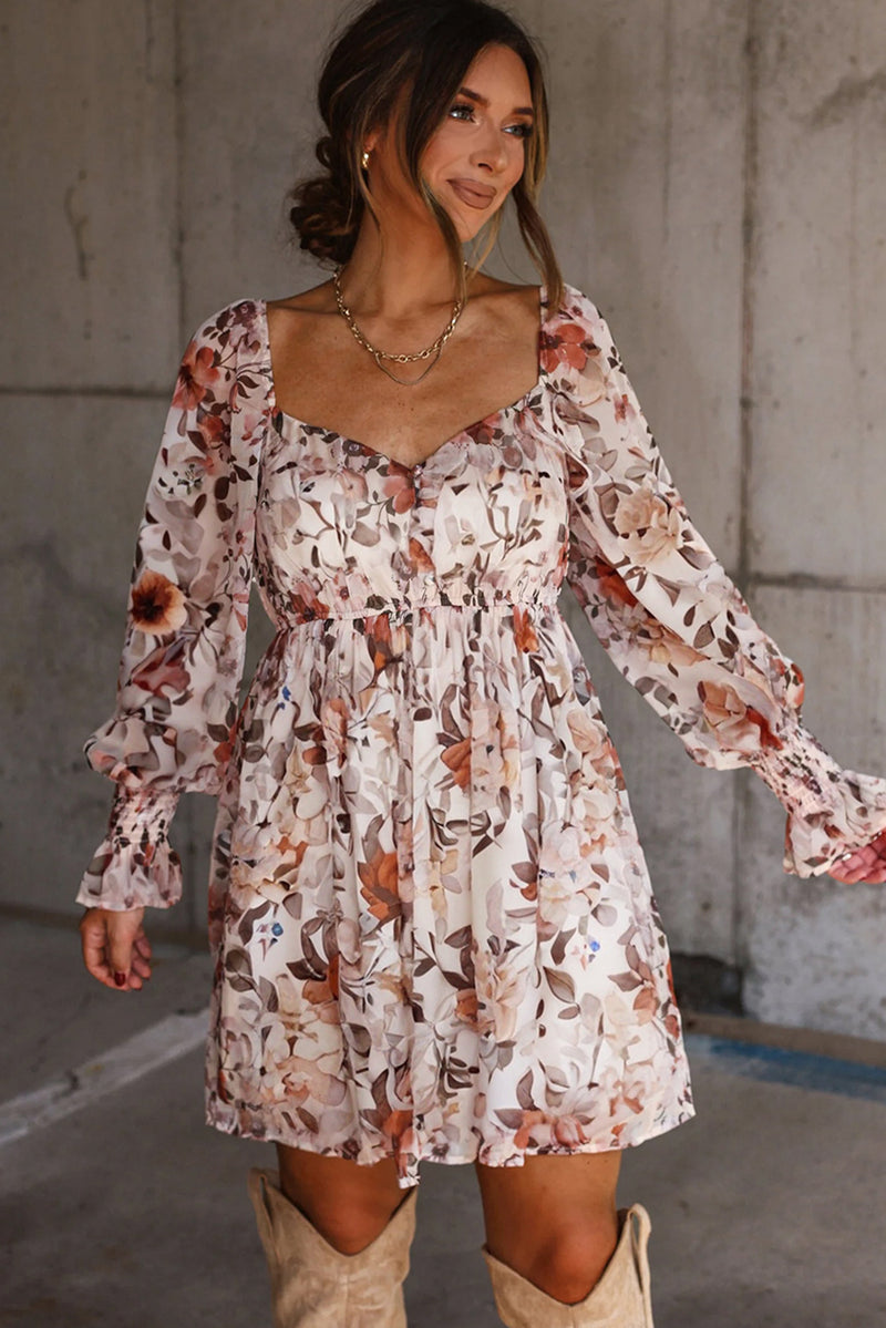 Floral Print Sweetheart Neck Long Sleeve High Waist Mini Dress