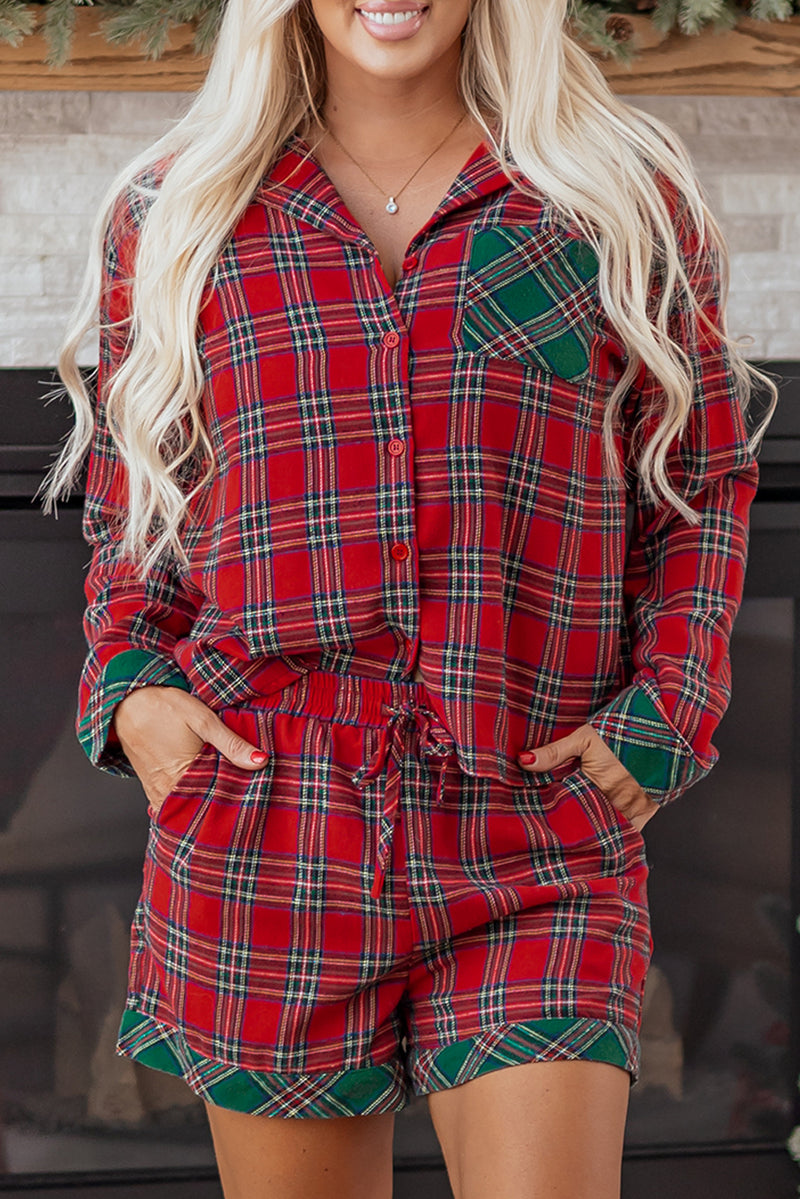 Plaid Contrast Patched Christmas Holiday Long Sleeve Shirt and Short 2pcs Pajama Set