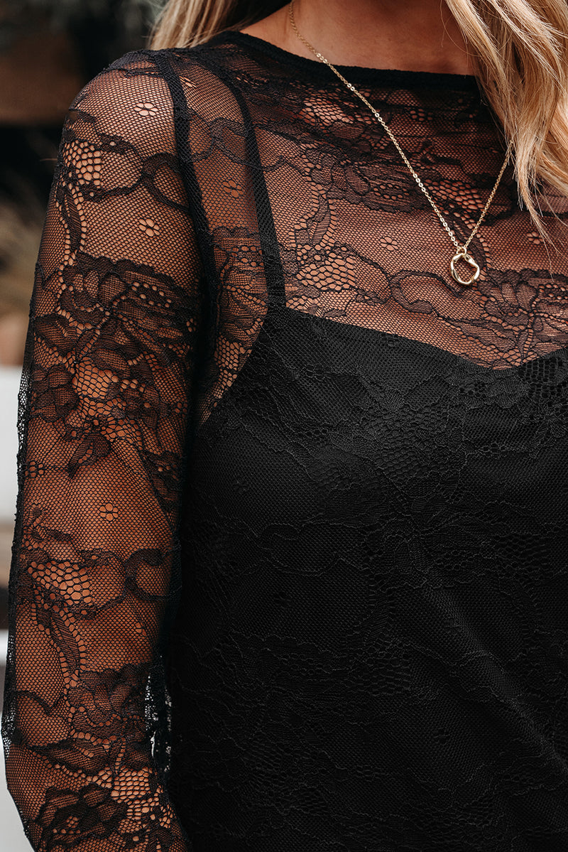 Lace Crochet Mesh Patched Slim Fit Long Sleeve Top