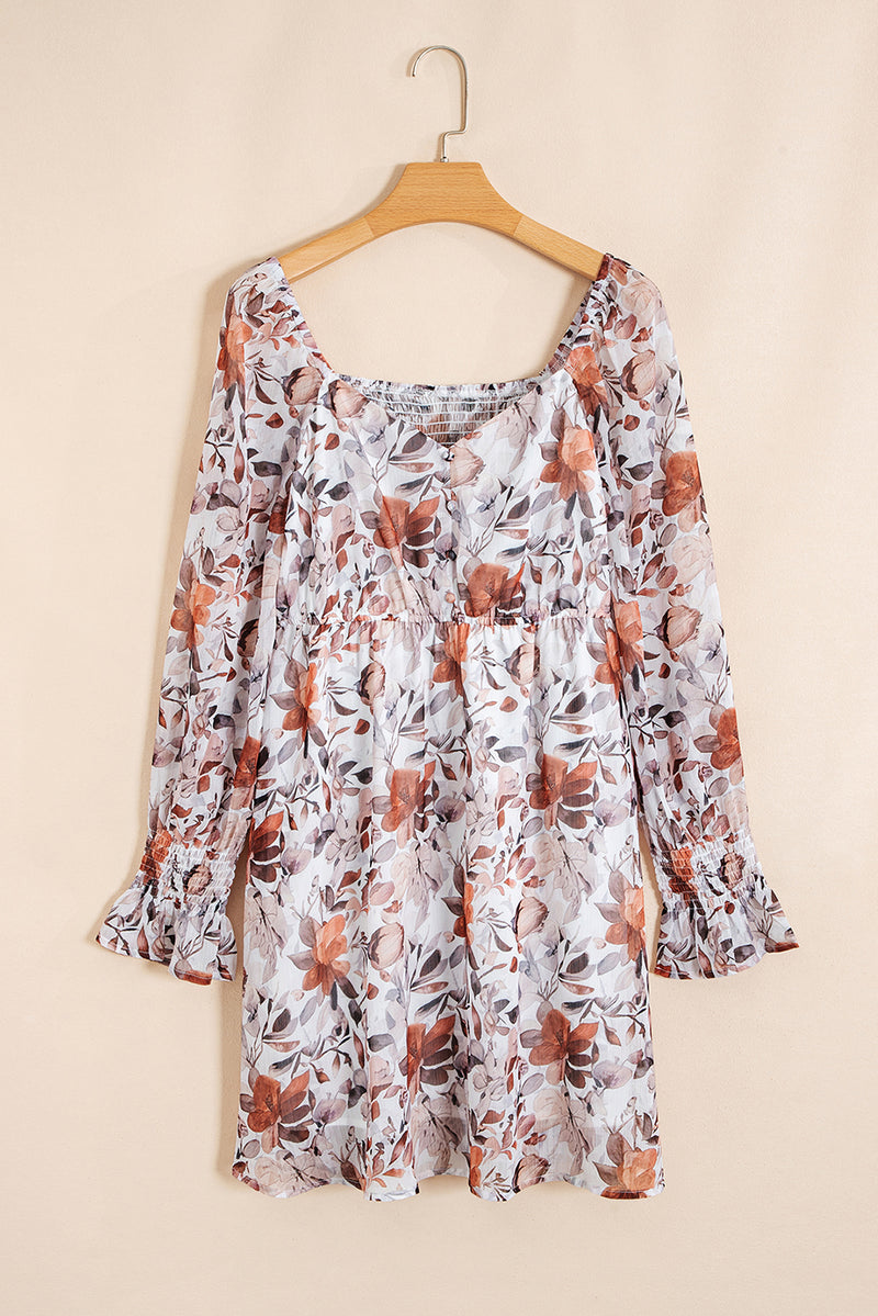 Floral Print Sweetheart Neck Long Sleeve High Waist Mini Dress
