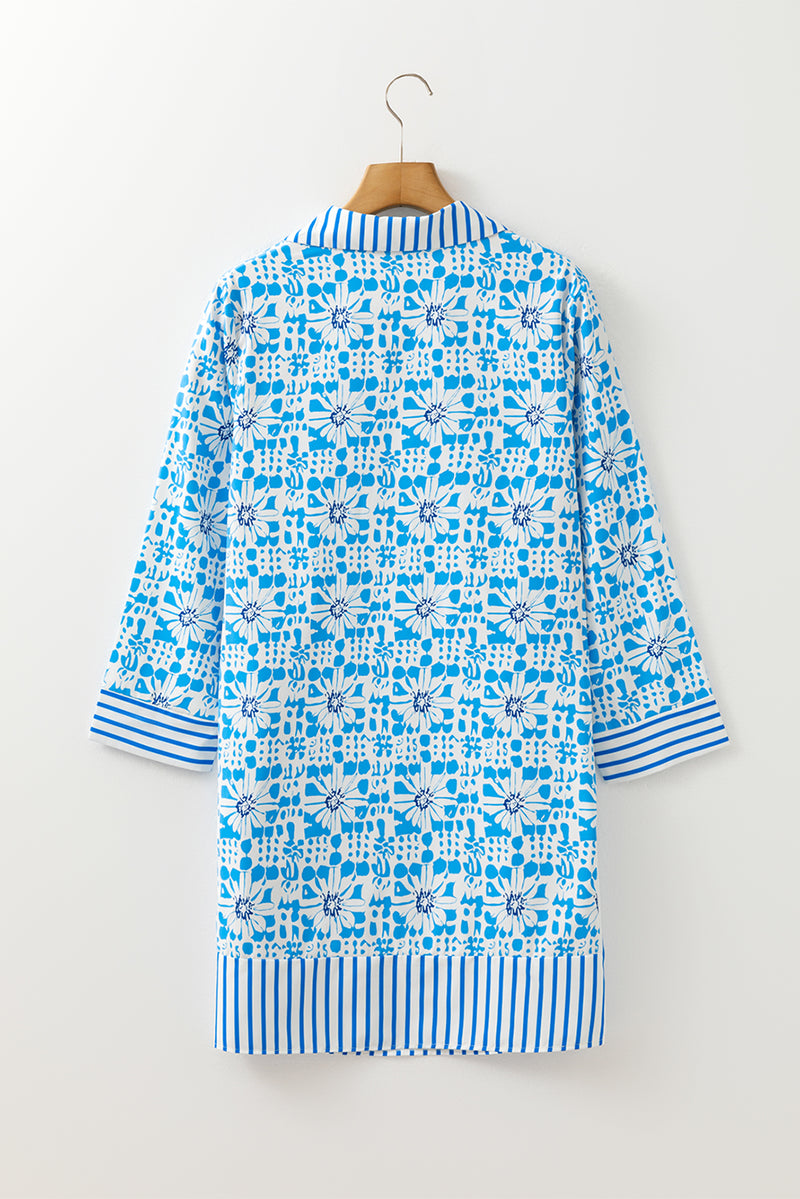 Contrast Striped Trim Floral Shift Fit Fall Dress