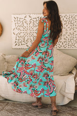 Abstract Print Smocked Bodice Knotted Straps Ruffled Maxi Dress