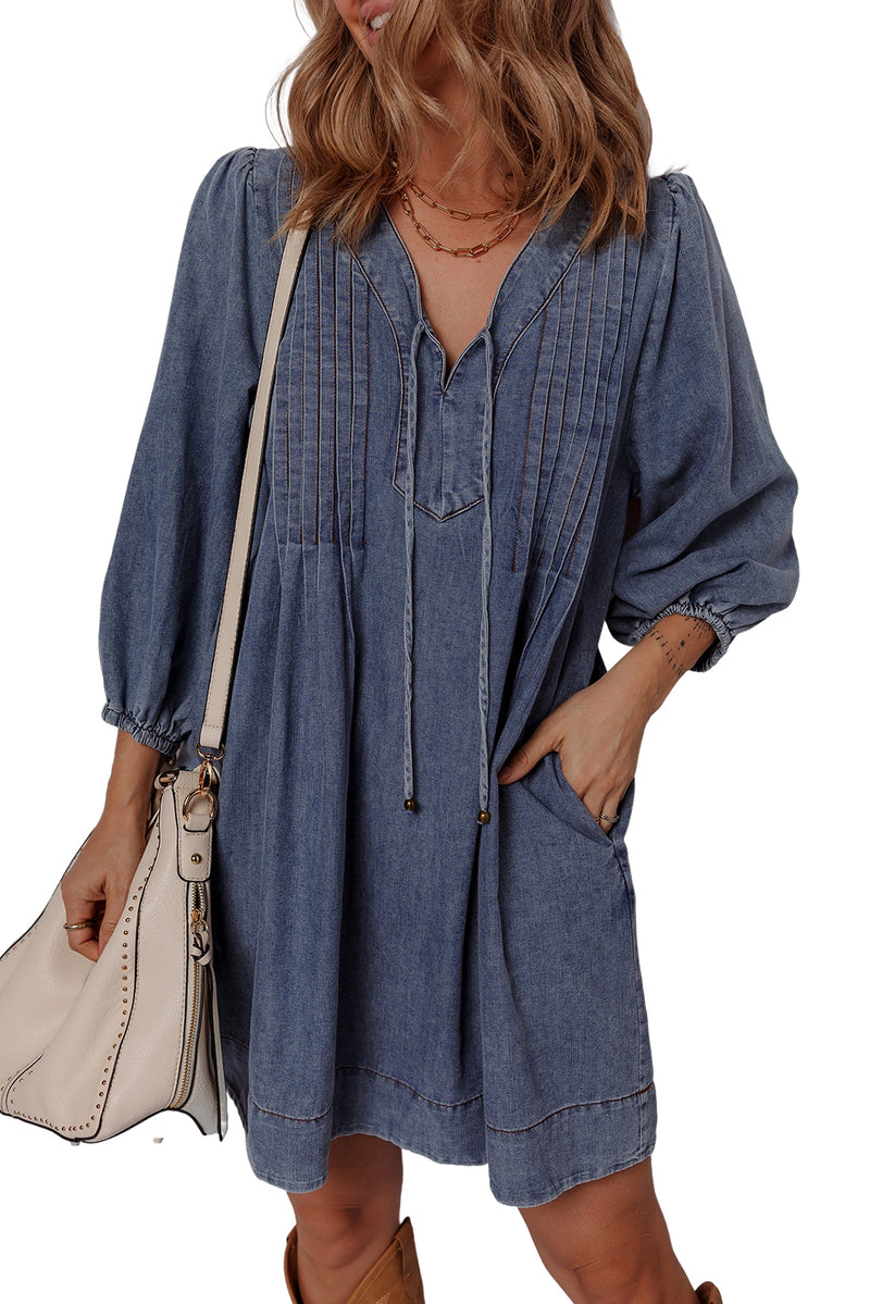 3/4 Sleeve Tied V Neck Pleated Denim Mini Dress