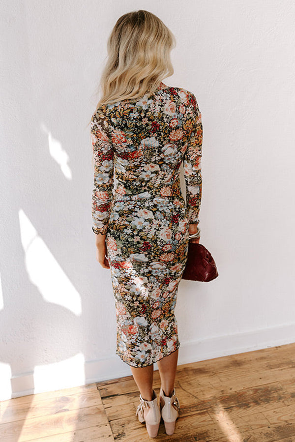 Floral Allover Print Mock Neck Bodycon Long Sleeve Midi Dress