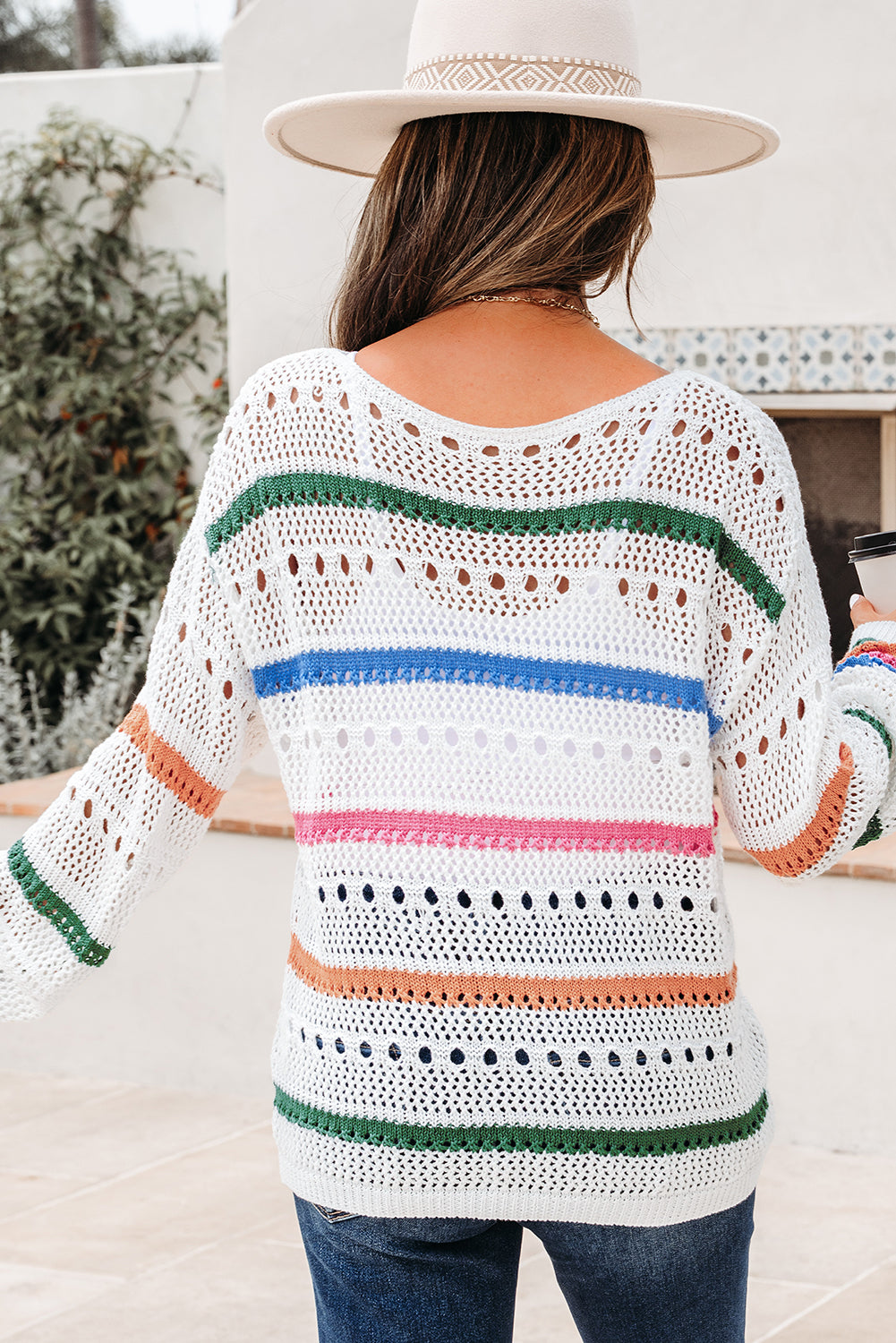 Color Block Striped Pointelle Knit Sweater