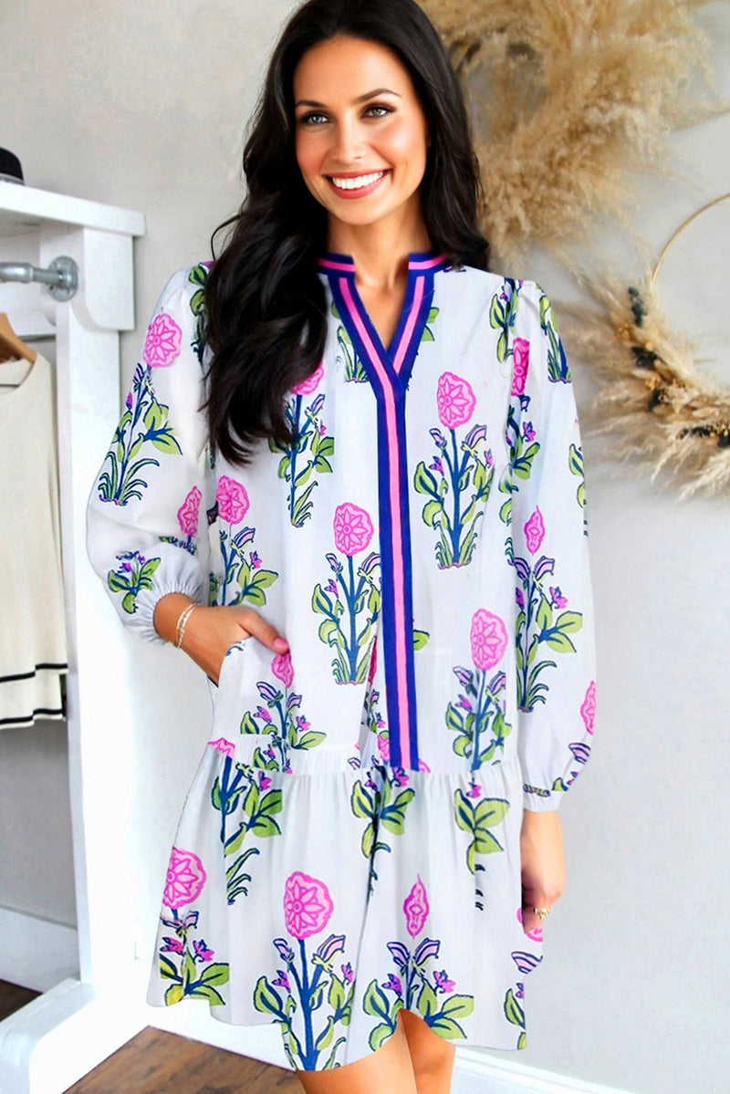 Floral Print Contrast Striped Trim Notched Neck Long Sleeve Dress