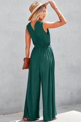 Solid Deep V Pleated Crisscross Wide Leg Backless Jumpsuit