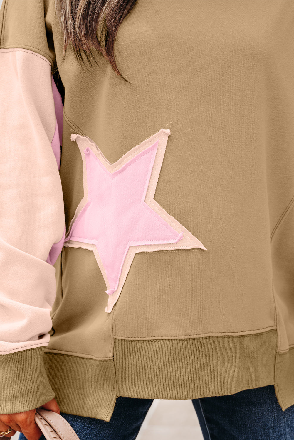Contrast Star Patchwork Exposed Seam Uneven Hem Drop Shoulder Sweatshirt