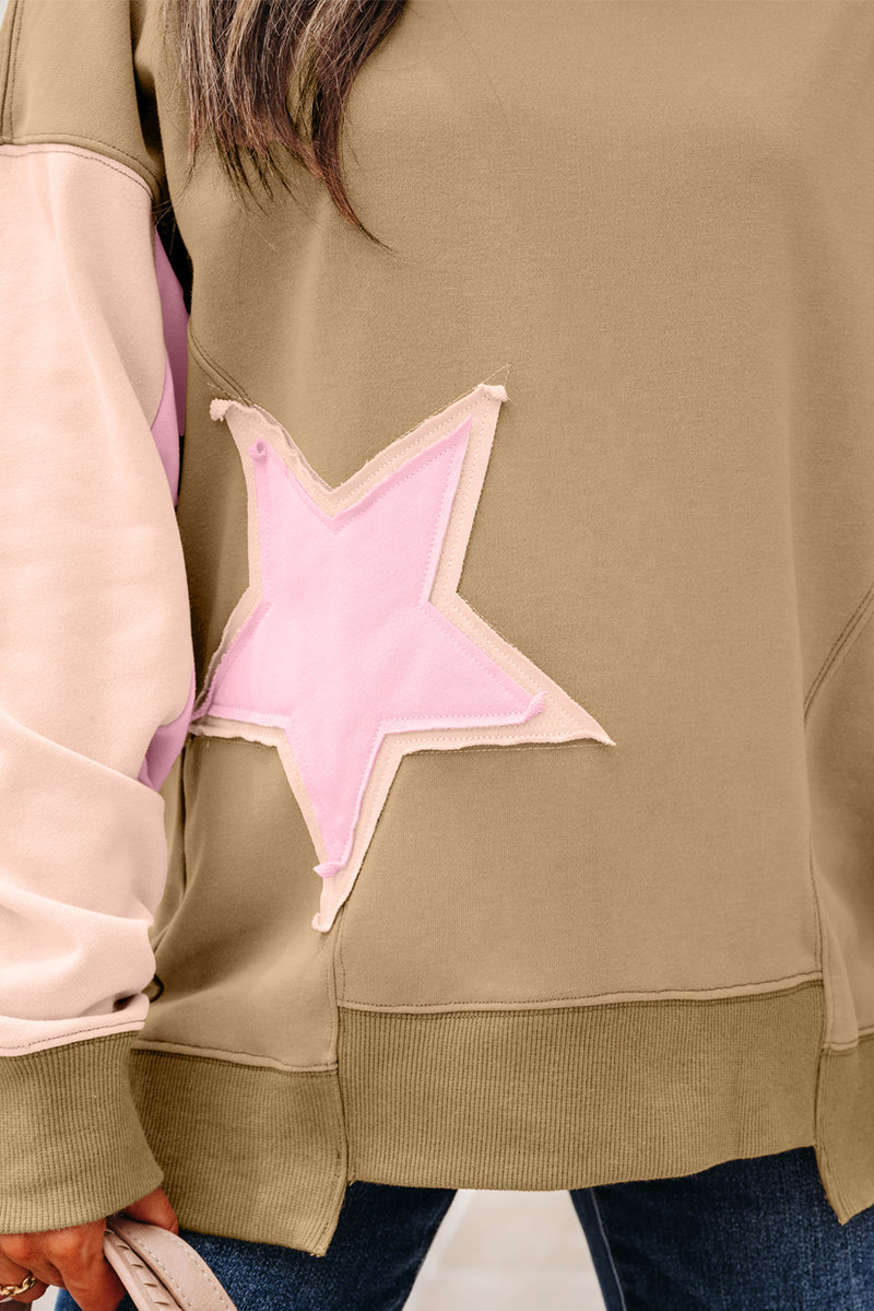 Contrast Star Patchwork Exposed Seam Uneven Hem Drop Shoulder Sweatshirt