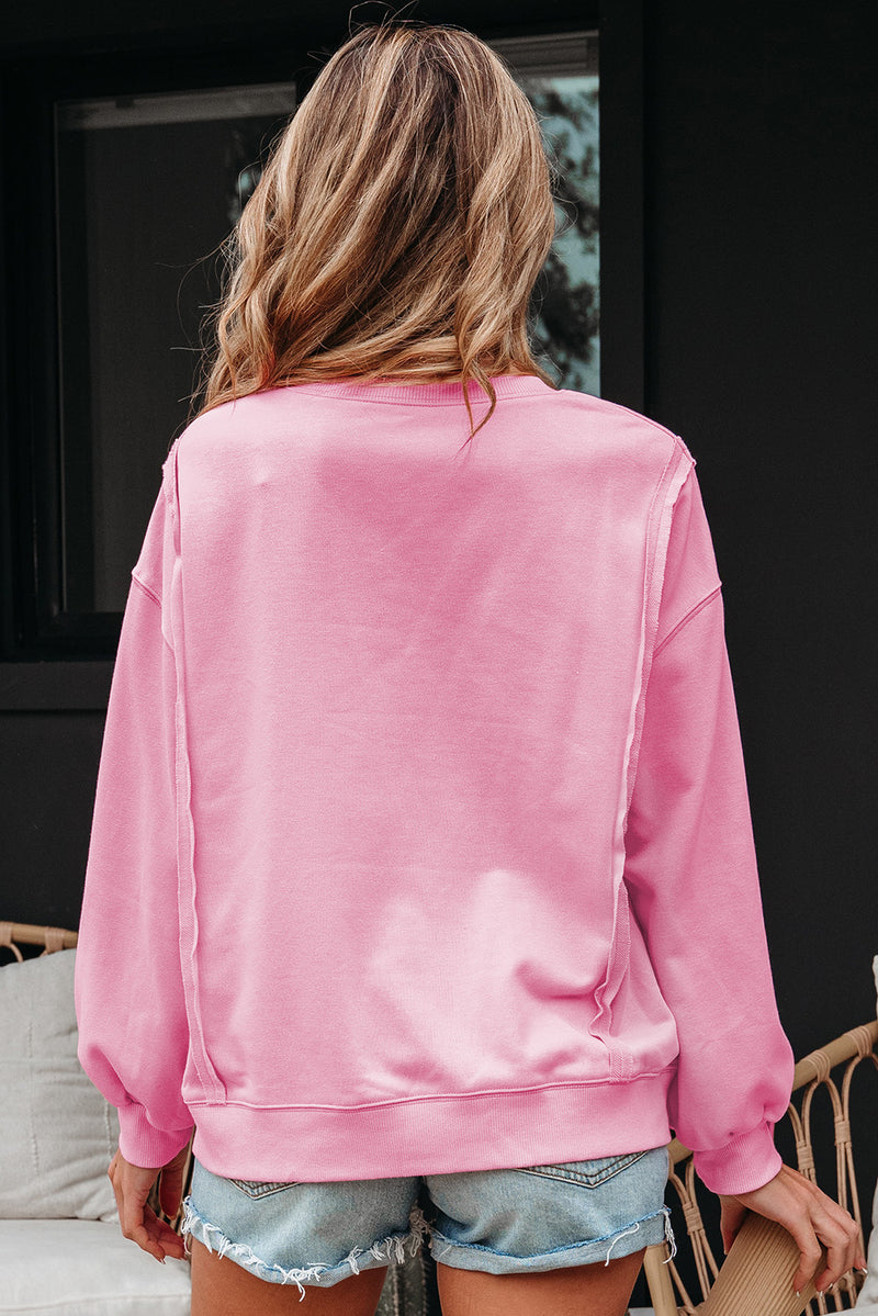 Lace Insert Bow Embroidered Exposed Seam Sweatshirt