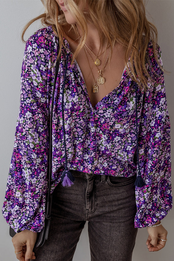 Loose Boho Flower Split V Neck Bubble Sleeve Blouse