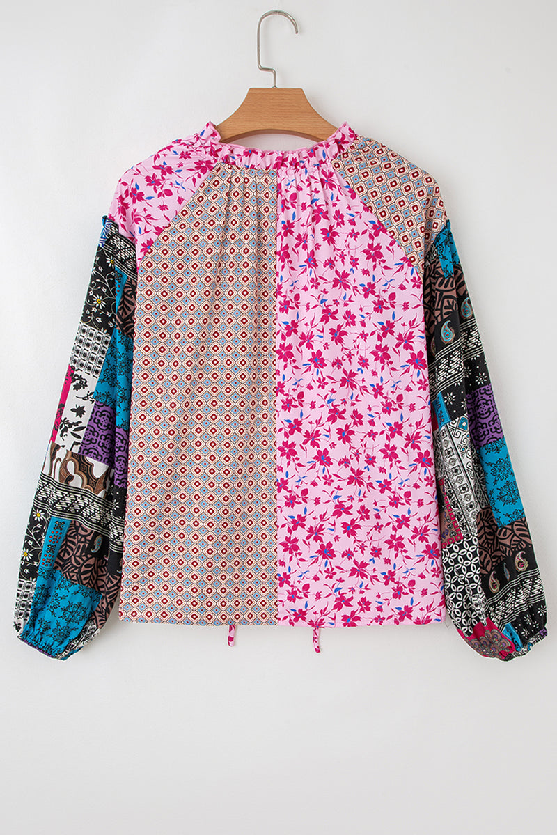 Boho Mixed Floral Drop Shoulder Bubble Sleeve Blouse