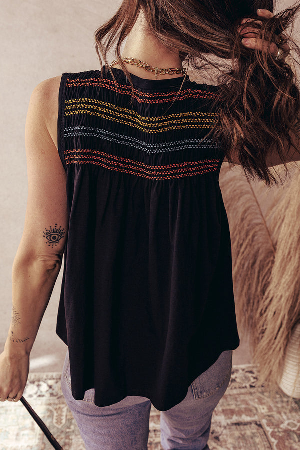 Colorful Shirred Yoke Notched V Neck Tank Top