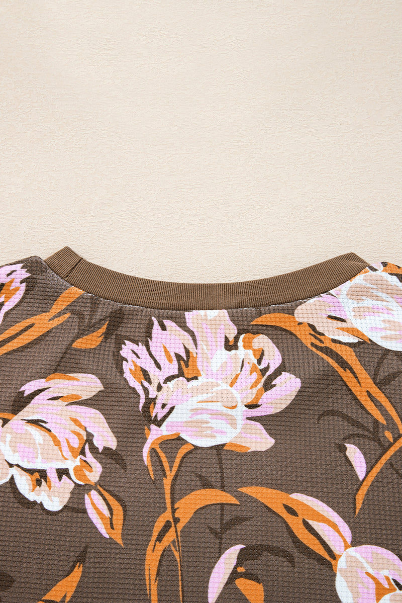 Floral Print Waffle Textured Long Sleeve Top